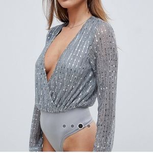 Misguided petite sequin plunge body suit